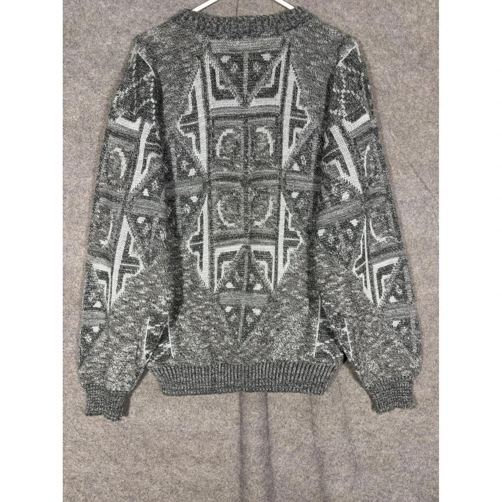 Saxony Vintage Mens Grey Geometric Knit Sweater Genuine Leather Patches Size M
